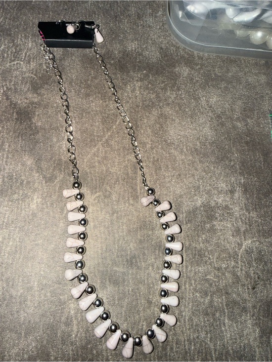 Jewelry - Silver-Tone Necklace with White Bead Accents